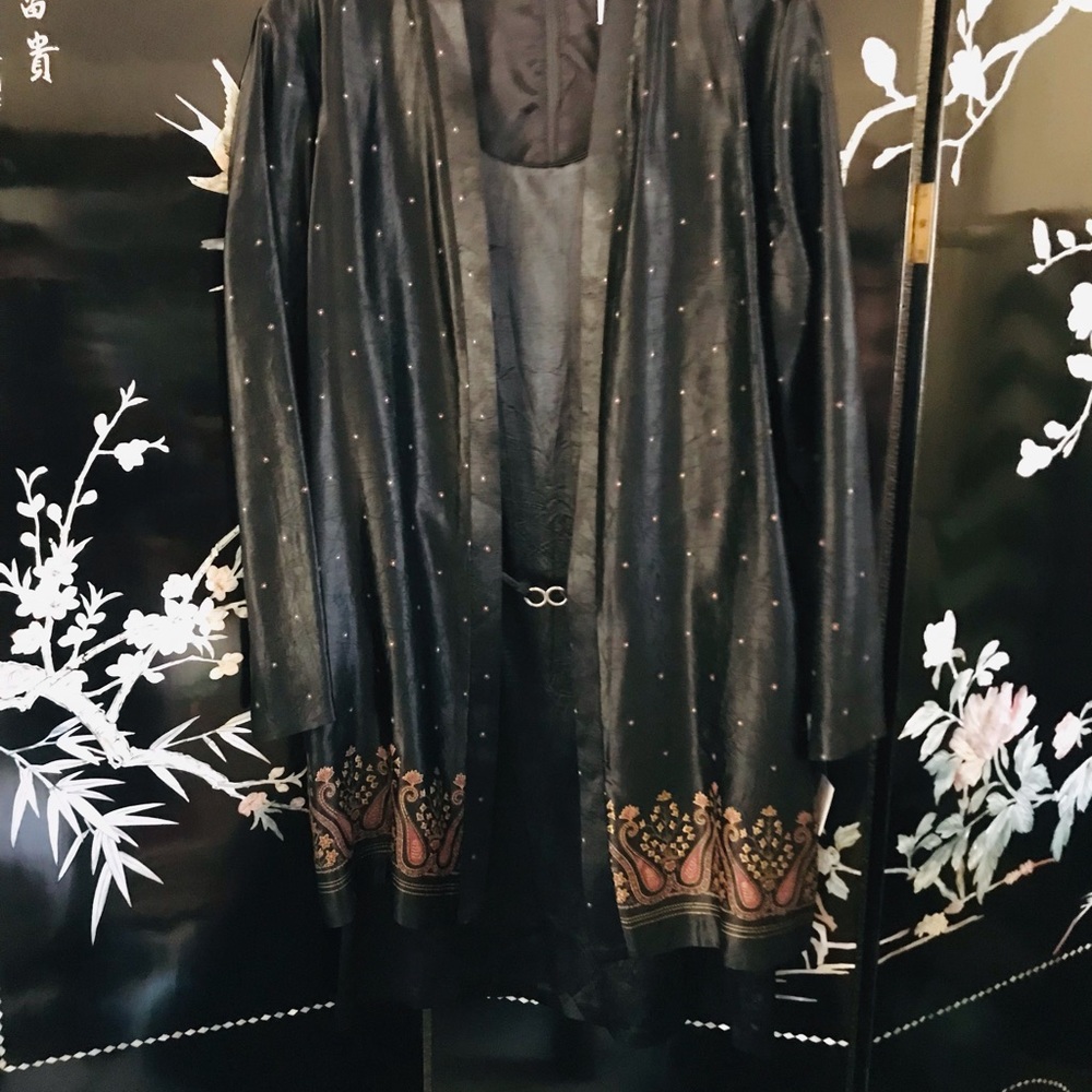 Black dress with overcoat.